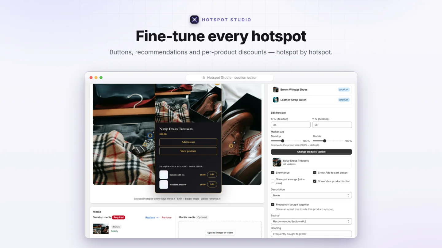 The section editor fine-tuning a product hotspot: buttons, recommendations and per-product discounts
