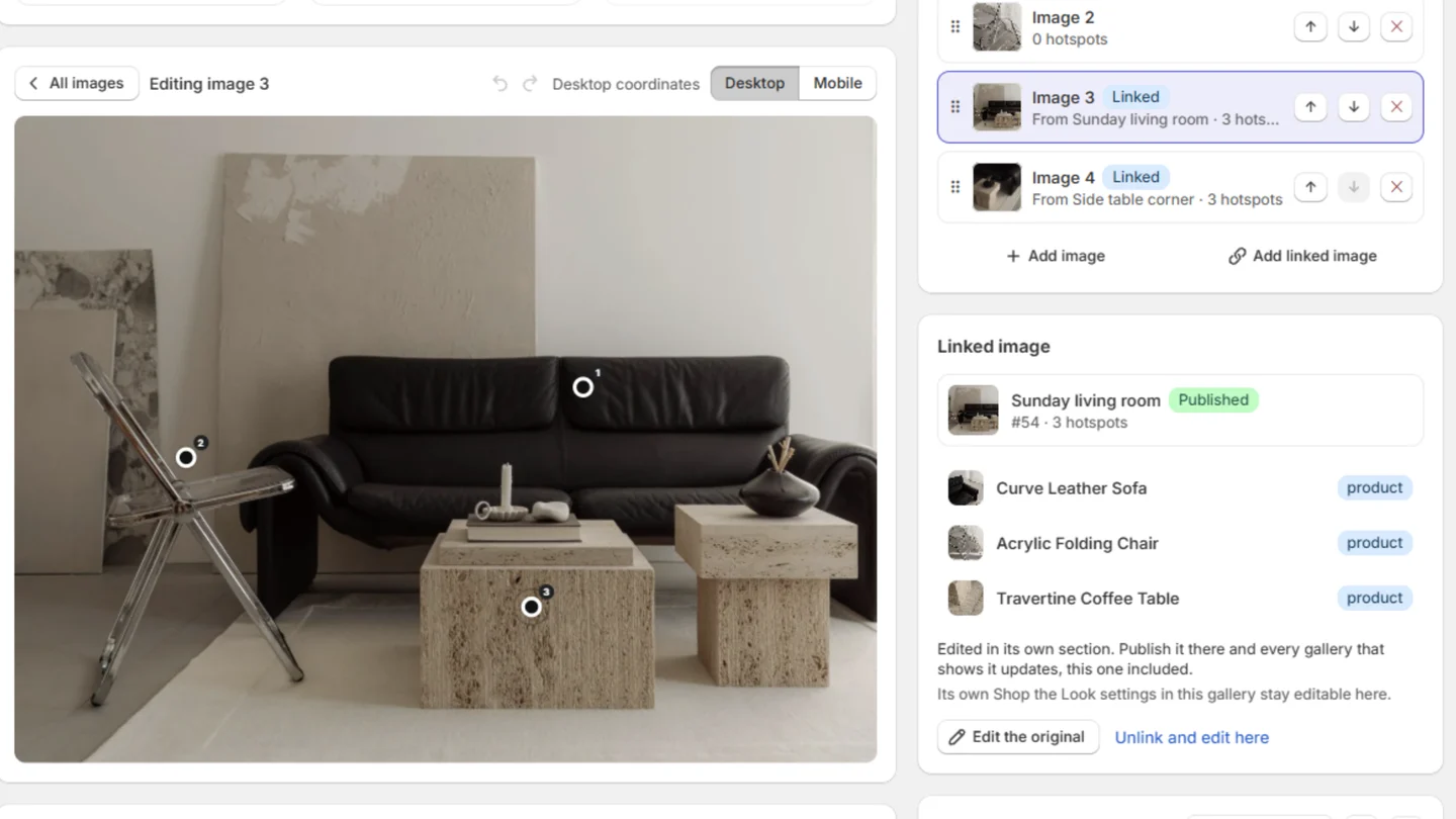 A Grid gallery in the editor: two images with a Linked badge, the Add linked image button, and the Linked image panel with Edit the original and Unlink and edit here