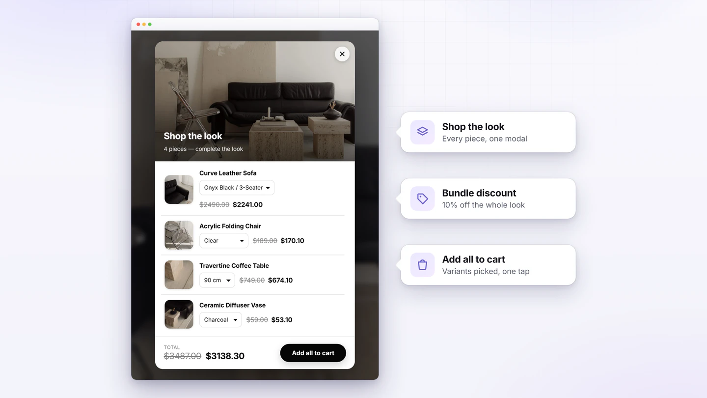 The Shop the Look picker with a 10% bundle discount: struck-through prices on every piece and a discounted total