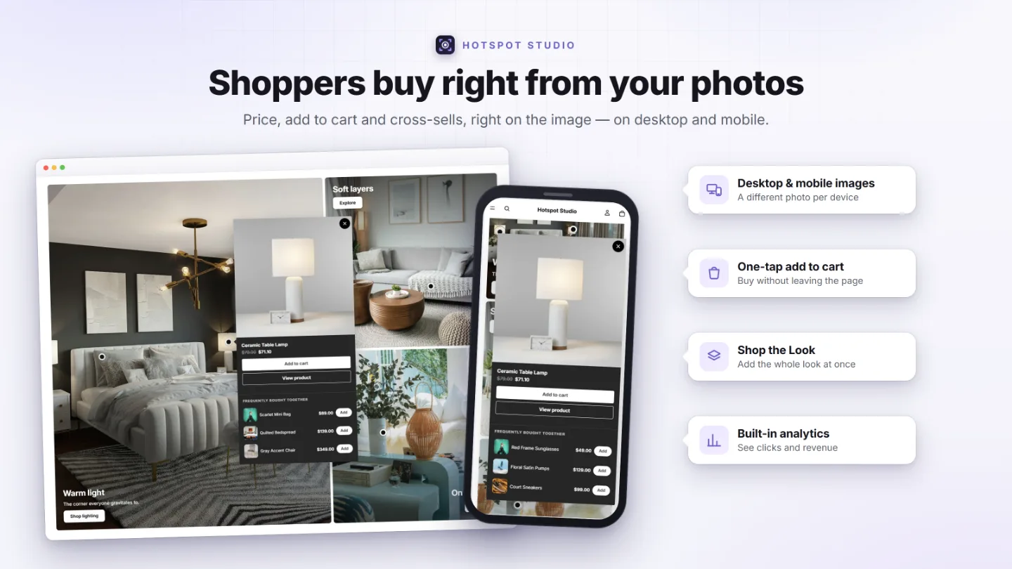 The same shoppable section in a desktop browser and on a phone, with a popup open on both
