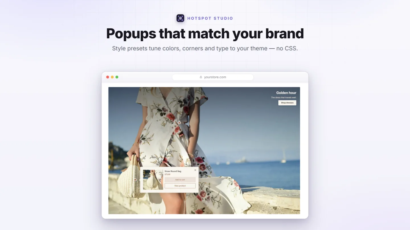A storefront popup anchored to its hotspot dot, with product photo, price and add-to-cart button