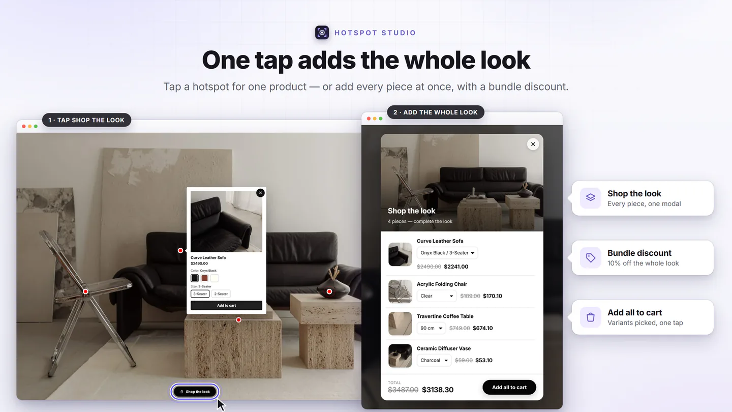 Shop the Look: a hotspot popup on a living-room photo, then the picker adding all four pieces with a bundle discount