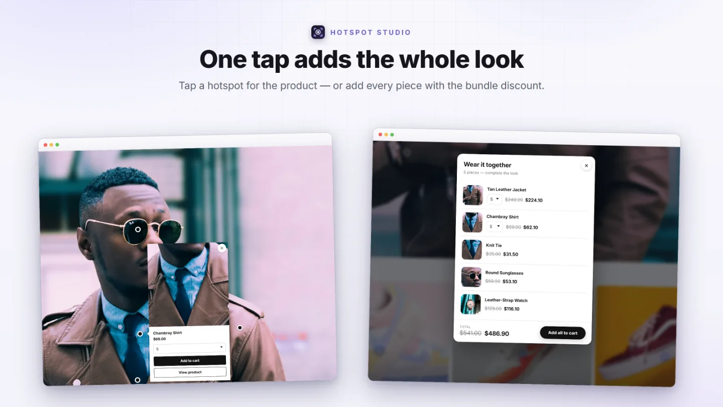 The Shop the Look picker with product rows, variant selects, per-item sale prices and an add-all-to-cart total