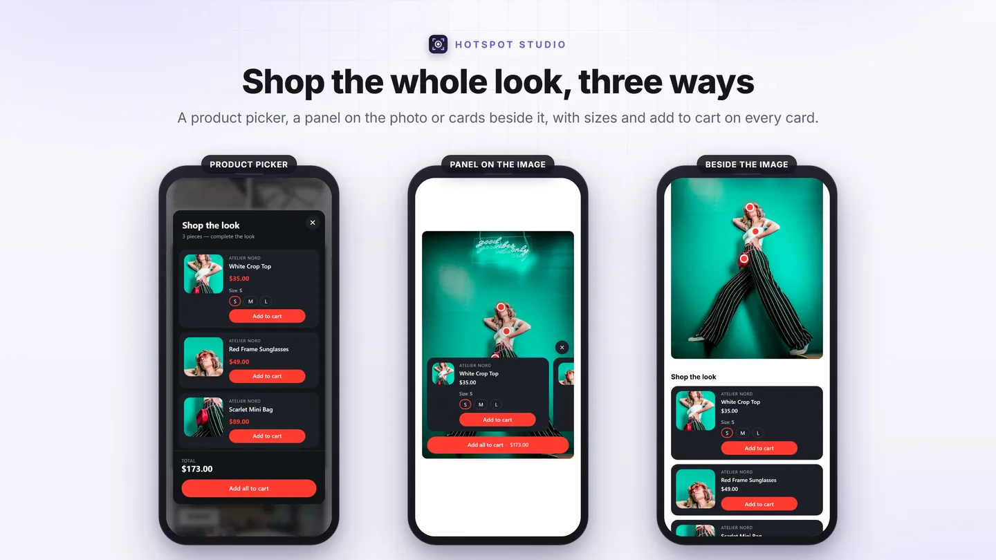 Shop the Look on three phones: a product picker, product cards in a panel on the photo, and the look listed under the photo